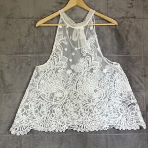 Whitney Bissette Sheer Top Womens Medium Cream Crochet Lace Mesh Fairy Ethereal